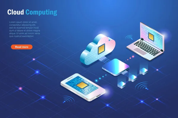 Cloud Computing Server Verbinden Sich Online Mit Smartphone Und Computer — Stockvektor