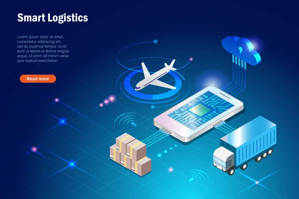 Smart Logistiek Delivery Tracking Systeem Smartphone Verzending Karton Levering Door — Stockvector