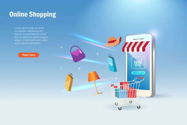 オンラインショッピング ショッピングカート ギフトボックス ショッピングバッグとスマートフォンアプリ上のオンラインストア Eコマース リテールビジネステクノロジー デリバリーサービス — ストックベクタ