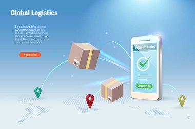 Akıllı telefon ekranından dünya haritası arkaplan noktalı kargo kutuları. Akıllı lojistik dağıtım takip sistemi, yenilikçi ulaşım teknolojisi .