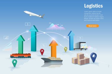 Growth graph of global logistics transportation on airfreight, seafreight, train, truck and distribution network connecting. High demand in supply chain, shipping cargo import export concept. clipart