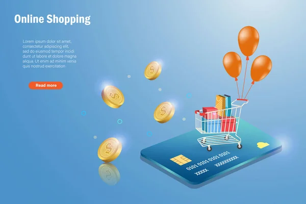 Warenkorb Auf Kreditkarte Mit Goldmünzen Online Shopping Mit Kreditkartenzahlung Commerce — Stockvektor
