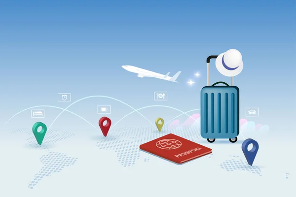 出国旅行的概念 护照上有行李和飞机的世界地图和旅游目的地别针点 预订机票 乘飞机游览世界 — 图库矢量图片