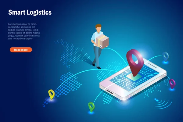 Global Online Smart Logistics Delivery Man Holding Carton Box Deliver — Stock Vector