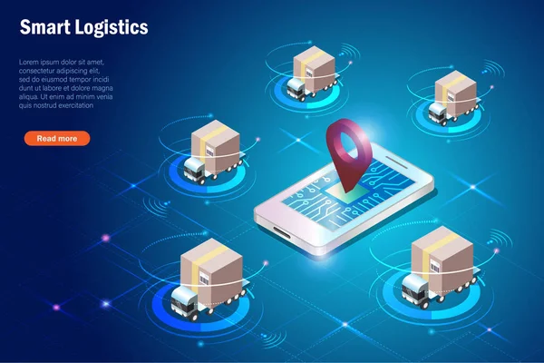 Inteligentní Logistika Dodávat Gps Systém Smartphone Bezdrátovou Technologií Dodávka Kartonů — Stockový vektor