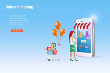 Alışveriş arabalı bir kadın akıllı telefondan online alışveriş yapmayı sever. Çevrimiçi alışveriş, ticaret ve mağaza konsepti.