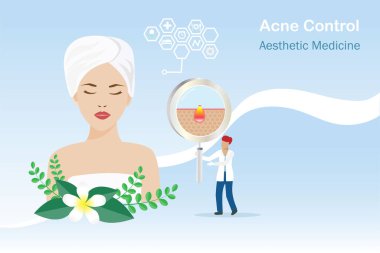 Acne control, facial skin beauty problem, aesthetic surgery and treatment concept. Doctor hold magnifying glass inspect acne and skin health on woman face. 
