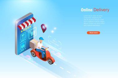 Çevrimiçi dağıtım hizmeti. Akıllı telefon uygulamasından scooter 'a binen teslimatçı müşteriye teslimat yapıyor. Yenilik teknolojisi, çevrimiçi alışveriş ve sipariş teslimat konsepti.