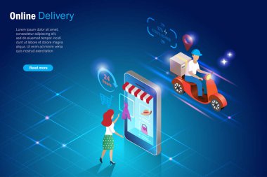 Çevrimiçi dağıtım hizmeti. Scooter Express 'teki teslimatçıyla akıllı telefondan alışveriş yapan bir kadın. Yenilik teknolojisi, çevrimiçi alışveriş ve sipariş teslimat konsepti.