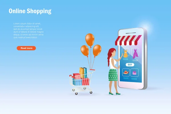 ショッピングカートを持つ女性は スマートフォンでオンラインショッピングをお楽しみください オンラインショッピング Eコマース Eストアのコンセプト — ストックベクタ