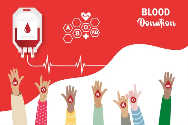 Doação Sangue Dia Mundial Doador Sangue Levantar Mãos Com Tipo — Vetor de Stock