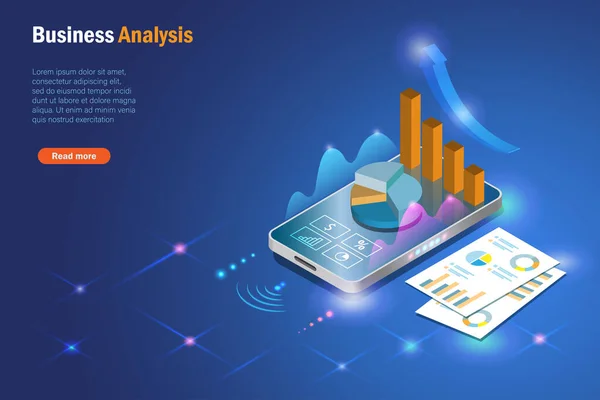 Business Analysis Data Report Smartphone App Analysing Growth Graph Sales — Stock Vector