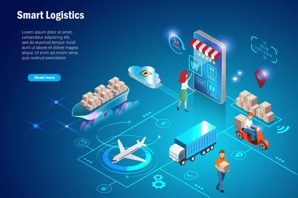 Online Shopping Smart Global Logistics Delivery System Shipment Carton Delivery — Stockový vektor