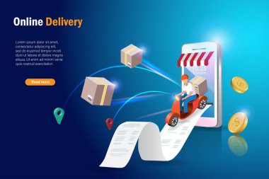 Online delivery service. Delivery man riding scooter with carton box and payment bill from smartphone. Online shopping and order delivery concept.