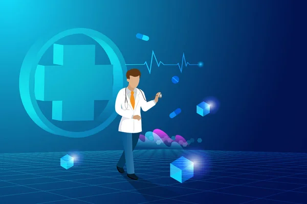 Doctor Hold Stethoscope Diagnose Analyse Patient Health Virtual Reality Environment — 图库矢量图片