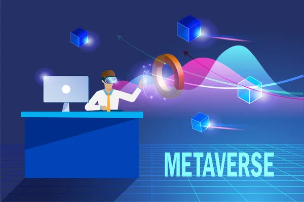 Metaverse Business Workplace Visualisation Businessman Use Smart Analysis Analyze Virtual — Stok Vektör