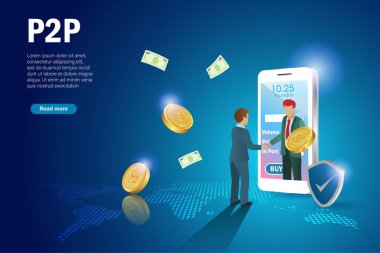 P2P, eş ticareti, fiet ve spot online kripto para ticareti, finansal teknoloji konsepti. İşadamı akıllı telefon platformu uygulaması ile dijital parayı artırıyor.