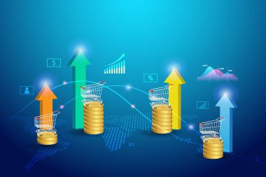 Dünya haritasında altın sikkeler üzerinde alışveriş arabasıyla büyüme grafiği. Market satışlarının artışı. CPI, Tüketici Fiyat endeksi, ticari ticaret, enflasyon ve dünya çapında ekonomik gösterge kavramı.