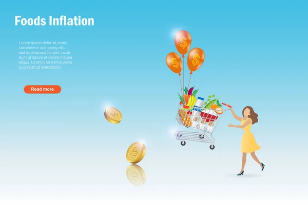 食料インフレ 消費者物価指数 経済指標の概念 女性はドルの風船でショッピングカートトロリーを飛んで引き返す 生活費 食料品価格の上昇 — ストックベクタ