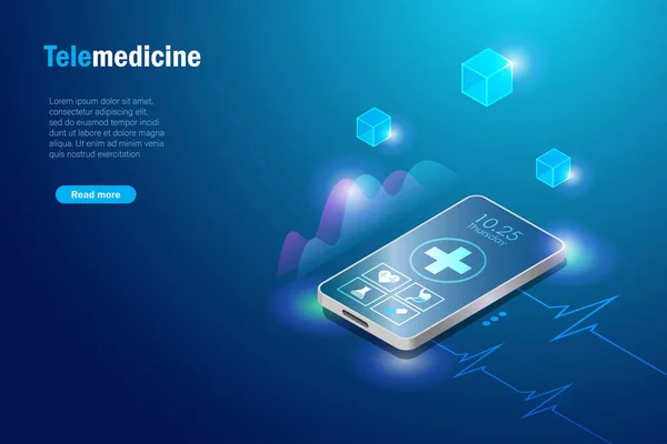 在智能手机上提供在线咨询 远程医疗和虚拟医生应用 基于区块链网络连接技术的智能医疗卫生保健业务创新 — 图库矢量图片