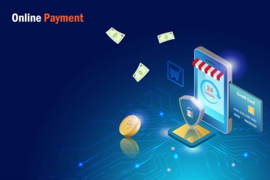 Çevrimiçi alışveriş, akıllı telefon cihazlı online ödeme teknolojisi. Güvenli elektronik panodaki akıllı telefon uygulamasında müşteri veri korumasıyla çevrimiçi mağaza. E ticaret yenilik teknolojisi.