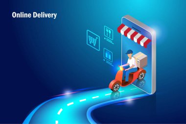 Çevrimiçi dağıtım servisi. Teslimatçı, scooter 'la gelecekten gelen bir araçla müşteriye teslimat yapıyor. Çevrimiçi alışveriş, ticaret pazarlama ve sipariş teslimatı kavramı.