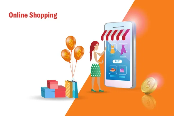 Woman Online Shopping Smartphone Shopping Bag Carton Box Template Banner — Stock Vector