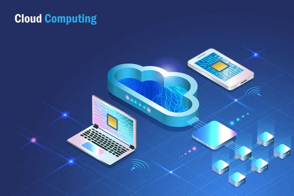 Server Cloud Computing Online Connette Allo Smartphone Computer Servizio Cloud — Vettoriale Stock