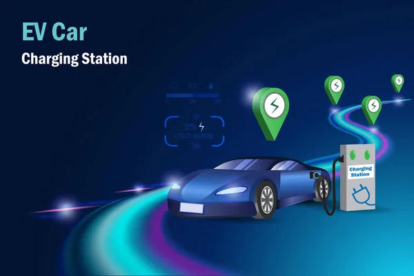电动车 电动车在路上设有充电站 可再利用的可持续清洁能源电池 运输技术中的替代能源 — 图库矢量图片