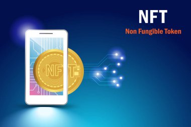 NFT non fungible token. 3D NFT digital coin for collectible digital art  technology on smart phone in futuristic background.