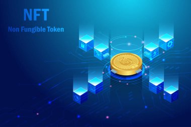 NFT non fungible token with block chain technology. 3D NFT crypto coin for collectible digital art and block chain in electronic circuit board futuristic background.