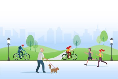 Active people exercising at public park, jogging, cycling and walking with dog. Healthy lifestyle, outdoor  leisure.