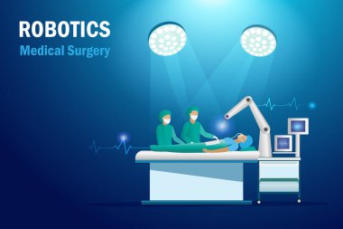 Doctor use robotic arm operating patient in surgical room in hospital. AI intelligence software innovation technology in medical and health care industry.
