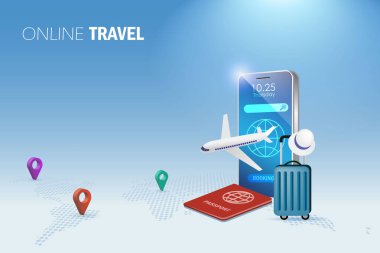 Online travel, online booking concept. Airplane flying from smartphone app with pin point on world map. Reservation flight ticket, traveling by airplane to explore world.