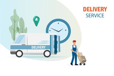 Delivery man on time delivery shipment with delivery truck and pin point map. Smart logistics and supply chain tracking system. Import export shipping freight transportation technology .