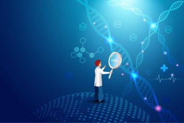 Scientist doctor hold magnifying glass analyzing DNA generic testing. Laboratory research, medical innovation technology.