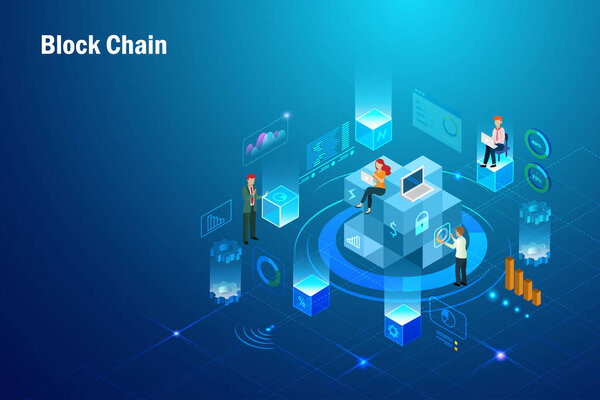 Block chain technology in workplace network connecting digital cube to big data visualization, online transaction security link, global business in futuristic background.