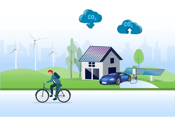 Co2 Carbon Emissions Earth Day Concept House Solar Panel Wind —  Vetores de Stock