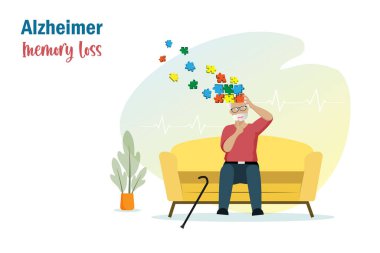 Dementia Alzheimer diseases, memory and brain loss. Elderly man lost his brain jigsaw puzzle memories. World Alzheimer day, Parkinson disease and mental health.