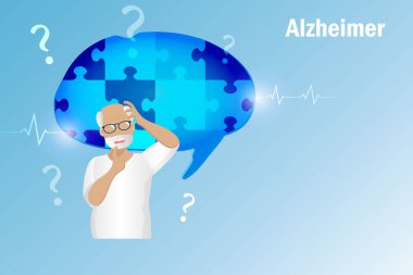 Dementia Alzheimer diseases, memory and brain loss. Elderly man lost his brain jigsaw puzzle memories. World Alzheimer day, Parkinson disease and mental health.