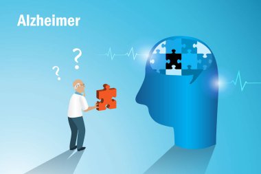 Dementia Alzheimer diseases, memory and brain loss. Elderly man hold jigsaw missing piece, lost his memories in brain. World Alzheimer day, Parkinson disease and mental health.