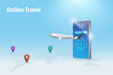 Online travel, online booking concept. Airplane flying from smartphone app with pin point on world map. Reservation flight ticket, traveling by airplane to explore world.