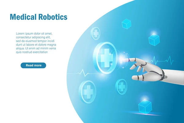 医疗机器人技术 机器人手摸医疗网络连接图标 人工智能机器人协助医生在医院做手术 — 图库矢量图片