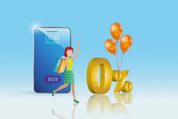 Zakupy Online Płatności Kobieta Zakupów Online Smartfonie Prowizji Finansowej Prowizji — Wektor stockowy