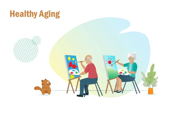 Hälsosamt Åldrande Äldre Livsstil Glad Äldre Par Måla Duk För — Stock vektor