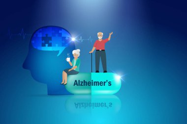 Alzheimer Alzheimer hastalıkları için bir ilaç. Mutlu son sınıf çifti, Alzheimer haplarının üzerine oturup anılarıyla savaşıyor ve beyinlerini kaybediyor. Dünya Alzheimer Günü ve Terapi Tedavi Konsepti. 
