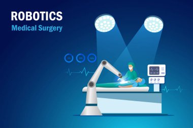 Robot tıbbi cerrahi. Hastanedeki ameliyathanede robot kolu olan bir hasta. Yapay zeka yenilik teknolojisi tıp ve sağlık sektöründe doktora yardımcı oluyor..