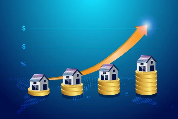 房子上的金币堆积如山 图表价格上涨 房地产市场概念 经济通货膨胀 住房建设成本 家庭保险服务价格增长 — 图库矢量图片