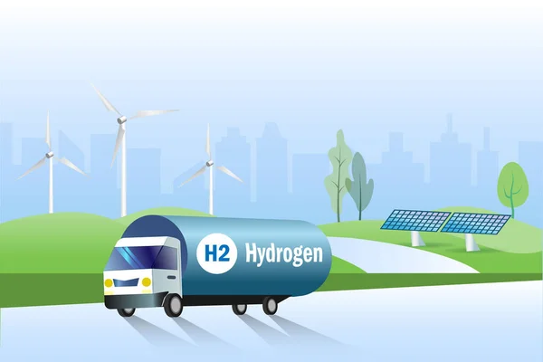 道路上の水素トラックは ガソリンスタンドにH2水素燃料を輸送する 再生可能エネルギー 代替持続可能なエネルギー 将来の産業のための燃料のためのクリーン水素エネルギー — ストックベクタ