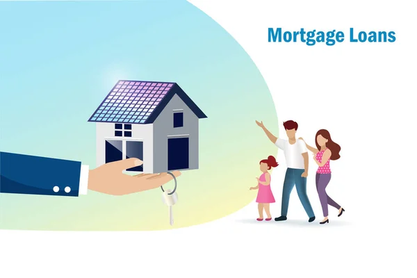 住房贷款 抵押贷款 房地产 房地产批准和再融资的概念 中介手提供房子和幸福家庭的钥匙 — 图库矢量图片